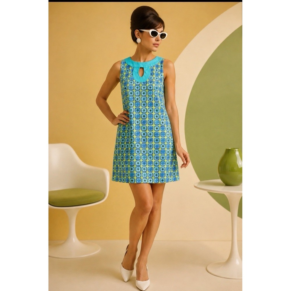 Lilypod Dress Sz 14 Blue Green Geometric Print Cotton Shift Mod Retro Resort